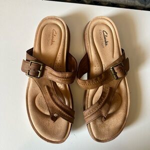 Clarks Brown Leather Buckle Slide Sandals for women